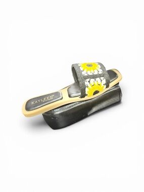 KAYLEEN Black Slide Sandal with Yellow Sunflower Embroidery